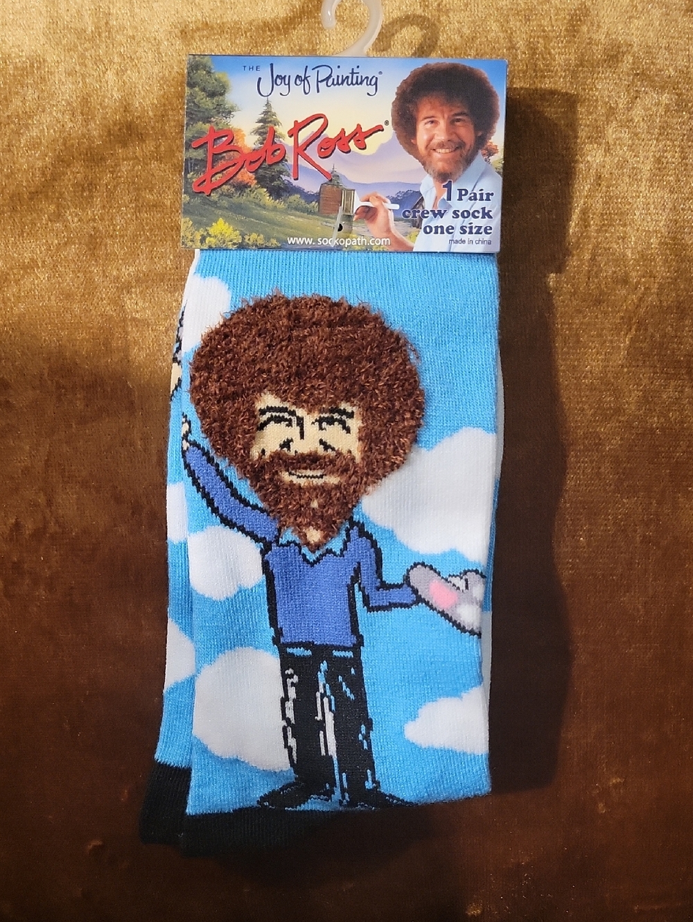 Bob Ross Blue Crew Socks with "Happy Clouds"